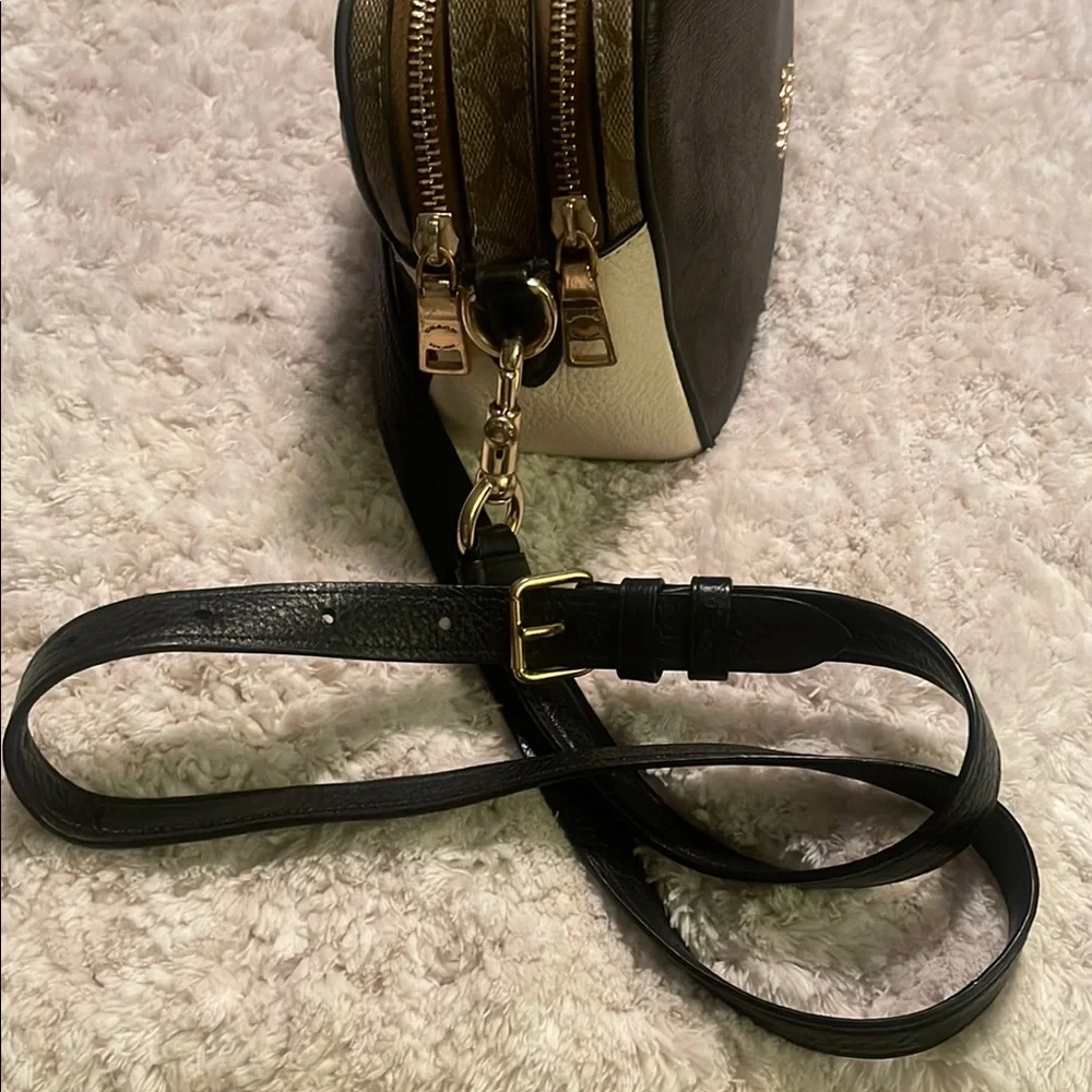 Coach Brown and Cream Crossbody Bag with Sleek Design
